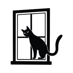 Intriguing Black Cat Silhouette Gazing out a Window Frame, A Captivating Fusion of Feline Mystery and Architectural Elegance