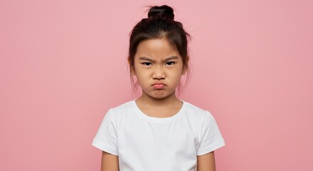 Sad young girl with frown expression on pink background