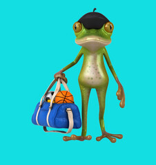 Fun 3D cartoon frog with a sports bag