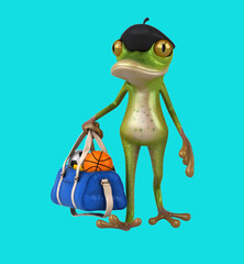 Fun 3D cartoon frog with a sports bag