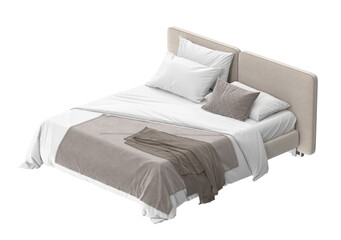 A bed with soft, inviting bedding in a comfortable room setting. The neutral color palette adds a...
