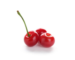 Many fresh ripe cherries isolated on white