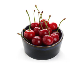 Many fresh ripe cherries in bowl isolated on white