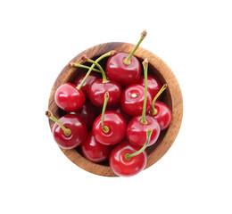 Many fresh ripe cherries in bowl isolated on white, top view