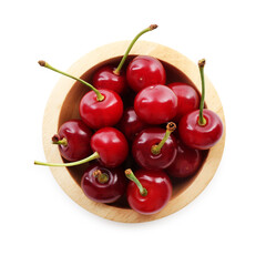 Many fresh ripe cherries in bowl isolated on white, top view