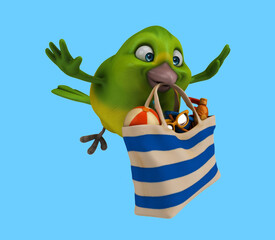 Fun 3D cartoon bird with a beach bag