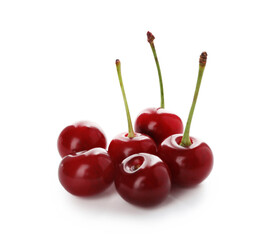 Many fresh ripe cherries isolated on white