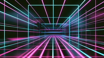 Fototapeta premium Retro-Futuristic Neon Grid in Pink, Teal, and Violet with Glowing Lines, Cyberpunk 4K Abstract Background for Album Covers, Streaming Overlays, and Digital Art