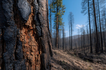 Fototapeta premium Charred tree bark texture with burnt forest background charred bark tree trunk