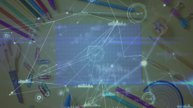 Overhead desk shot initiating holographic network fading over grid paper, visualizing data flow