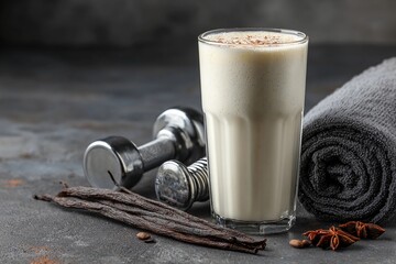 Protein shake with dumbbells and towel on a table after workout session