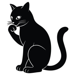 Elegant Black Cat Silhouette Gracefully Grooming Itself with Paw Raised A Study in Feline Elegance and Self Care