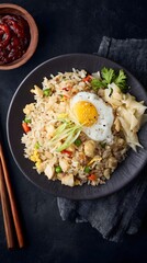 A hearty plate of Japanese fried rice topped with a soft-boiled egg, crisp vegetables, and juicy chicken. Ideal for a nourishing and flavorful dish.