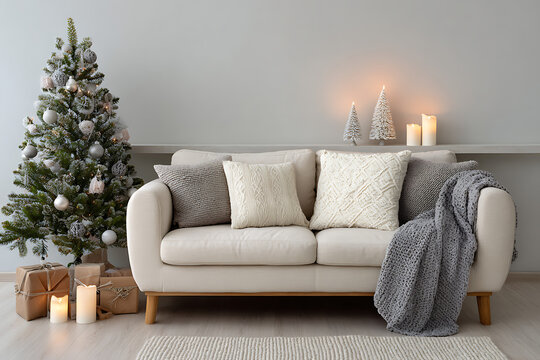 Cozy Christmas Living Room With Decorated Tree and Sofa Christmas tree ornaments - Powered by Adobe