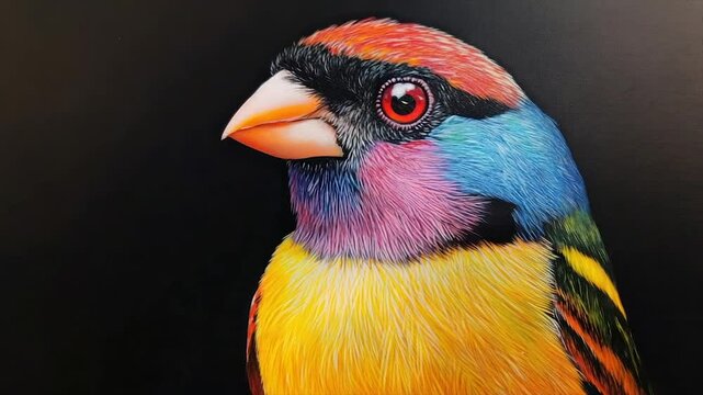 Vibrant, colorful bird portrait; detailed plumage, sharp focus