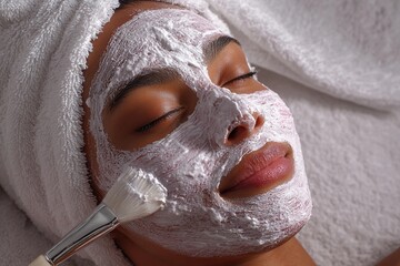 Spa treatment with soothing facial mask applied to woman relaxing in tranquil setting