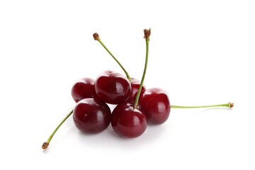 Many fresh ripe cherries isolated on white