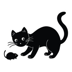 Whimsical Black Cat Stalking a Mouse Illustration Playful Feline Friend Hunting Rodent Cartoonish Animal Companionship Joyful Domestic Scene