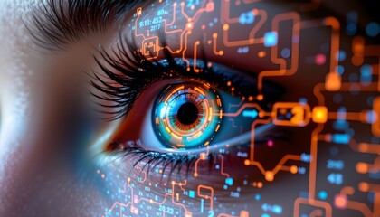 a close up photo of an eye with intricate digital circuit board patterns.