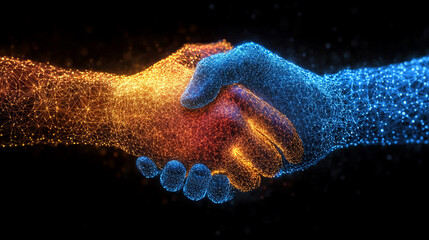 Futuristic AI hologram symbolizes agentic autonomy and partnership with humans. Represents teamwork, intelligent agents, and business collaboration through advanced digital technology.

