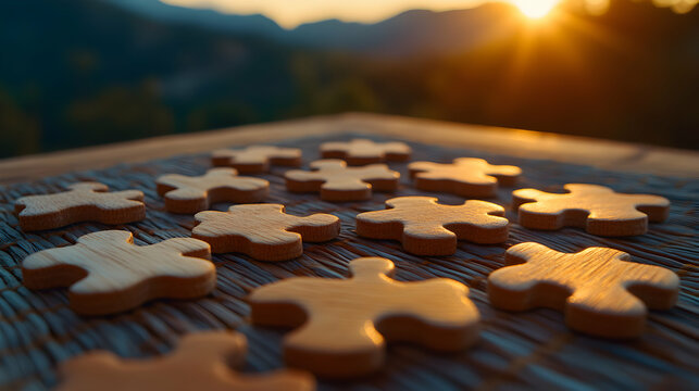 Wooden puzzle pieces scattered on a wooden surface at sunset, representing teamwork, collaboration, and problem-solving.