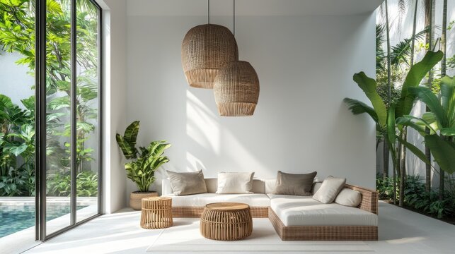 A modern, minimalist living area with a view of a lush garden.