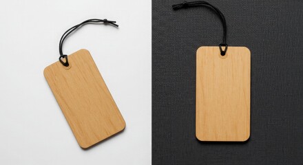 Paired Wooden Tags with Black Strings on Light and Dark Backgrounds