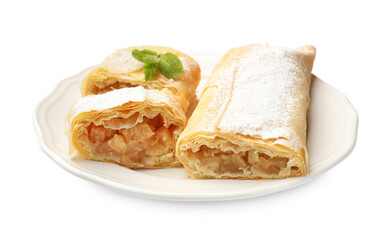 Tasty apple strudels with powdered sugar and mint isolated on white