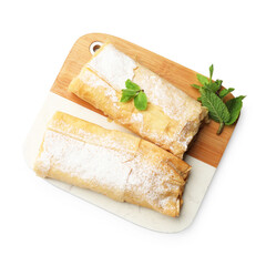 Tasty apple strudels with powdered sugar and mint isolated on white, top view