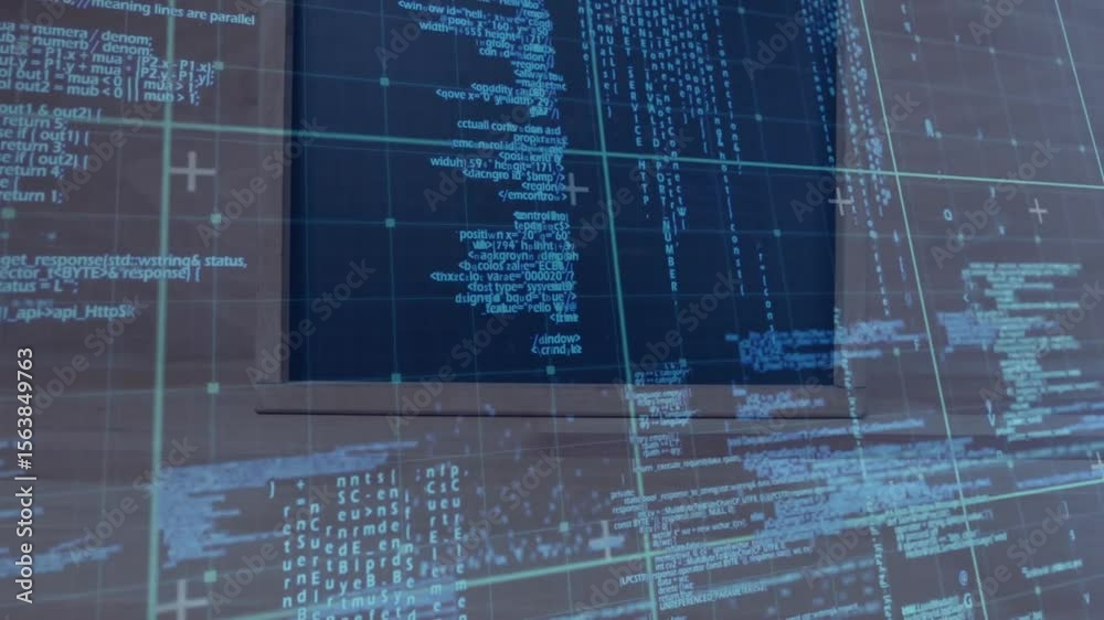Poster dark frame opening central code window scrolling, grid and fragments fading and drifting animation