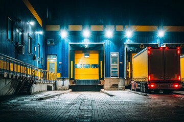 Naklejka premium Nighttime loading dock with trucks at a distribution center illuminated by bright lights