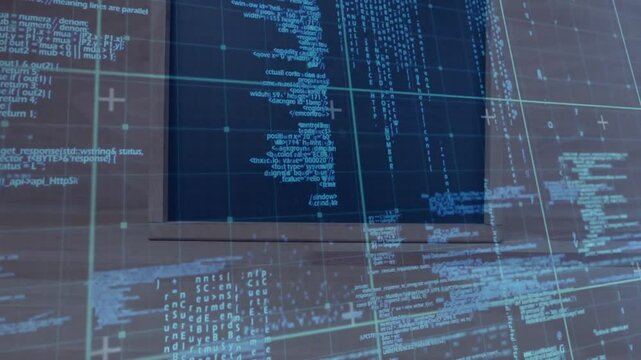 Dark frame opening central code window scrolling, grid and fragments fading and drifting animation