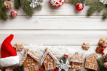 A cozy Christmas background with white wooden texture, red and brown edge decor, pine branches, snowflakes, gingerbread houses, ornaments, and a Santa hat creating a festive winter scene.