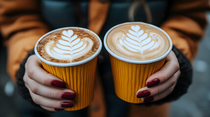 Two steaming cups of latte art coffee in yellow takeaway cups, held by a woman wearing a warm jacket. Perfect for a cozy autumn or winter vibe.
