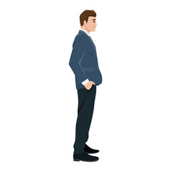 Businessman stands confidently with his hands in his pockets, Side in a professional suit. Flat vector illustration isolated on white background