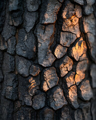Close-up texture of tree bark illuminated by warm sunlight, showing intricate detail and natural patterns.