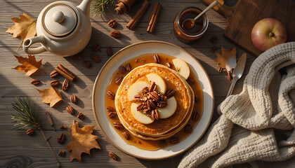 Creative first day of fall setup featuring cozy autumn tea with slice of seasonal cake on rustic table surrounded by dry leaves warm tones and soft natural light creating a coffee beans and cinnamon