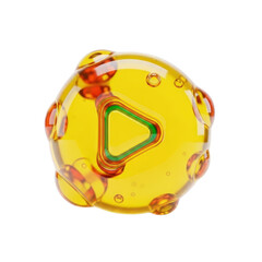 Fototapeta premium 3d icon of a shiny yellow play button inside a transparent glass sphere with bubbles, isolated on transparent background