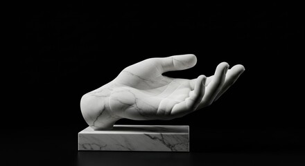Open Marble Hand Sculpture on Black Base, Palm-Up Gesture with Subtle Curl