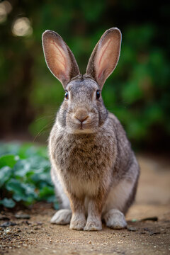 Portrait of a rabbit facing the camera with upright ears