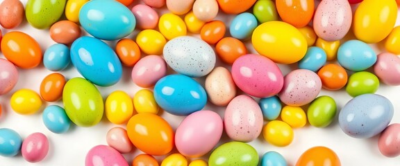 Brightly colored candy eggs scattered on white background  A playful Easter or spring scene,  sweets,  photography