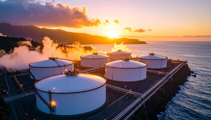 Industrial Storage Tanks at Sunset Over Ocean with Beautiful Sky