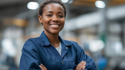 Naklejka premium Young African Woman Engineer Working in Factory Empowering Industry