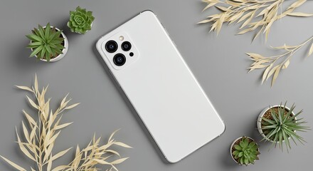 White Smartphone with Triple Camera Surrounded by Mini Plants on Gray Surface