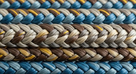 Multi-Colored Braided Ropes with Blue, Brown, Gray and Yellow Strand Detail