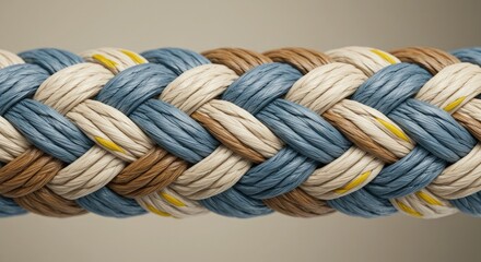Braided Rope Detail with Blue, Brown, Yellow, and White Strands Close-Up