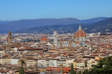 Obraz premium Panoramic wide view with Cathedral Big Dome Bell Tower the famous landmarks of Florence City in Italy