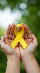 Mãos Segurando Laço Amarelo com Fundo Desfocado para Campanha Julho Amarelo