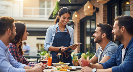 Friendly Waitress Serving a Happy Group of Friends at a Trendy Outdoor Café, for blog posts, website headers, or social media content focused on hospitality, restaurant marketing, or customer service