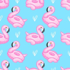 Flamingo rubber ring Seamless Pattern with Blue background